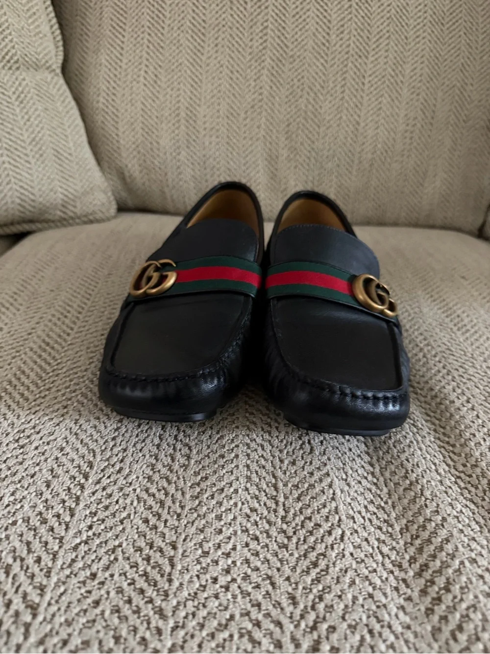 Gucci Black Leather Loafers with Green and Red Web & Gold Double G US 9